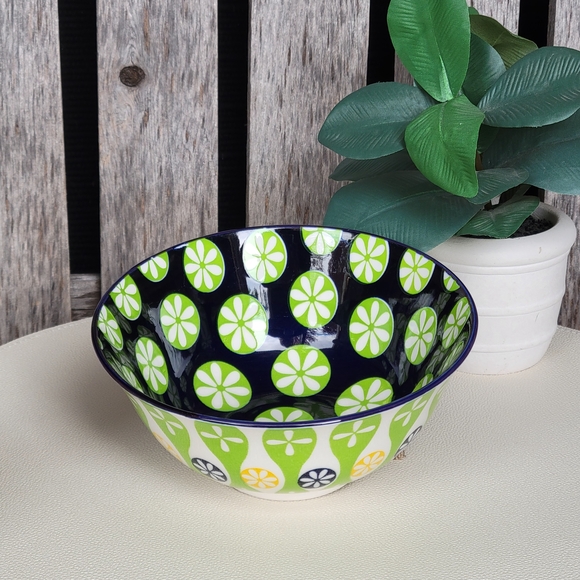 Certified International Other - Cerified International Geometric Patterned Ceramic Bowl Green Navy Yellow